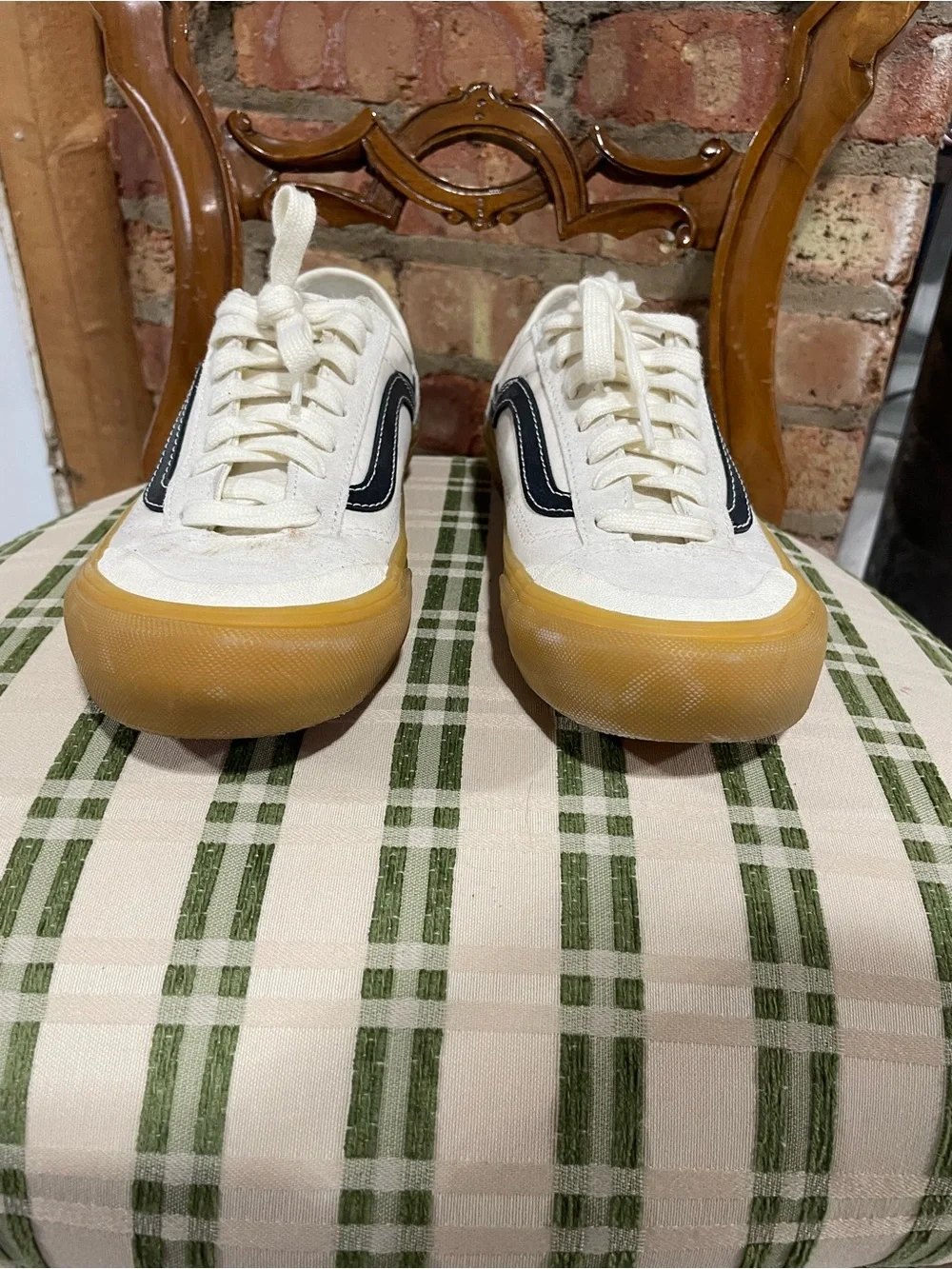 Vans Cream Canvas Low-Top Sneakers with Black Stripe and Gum Sole